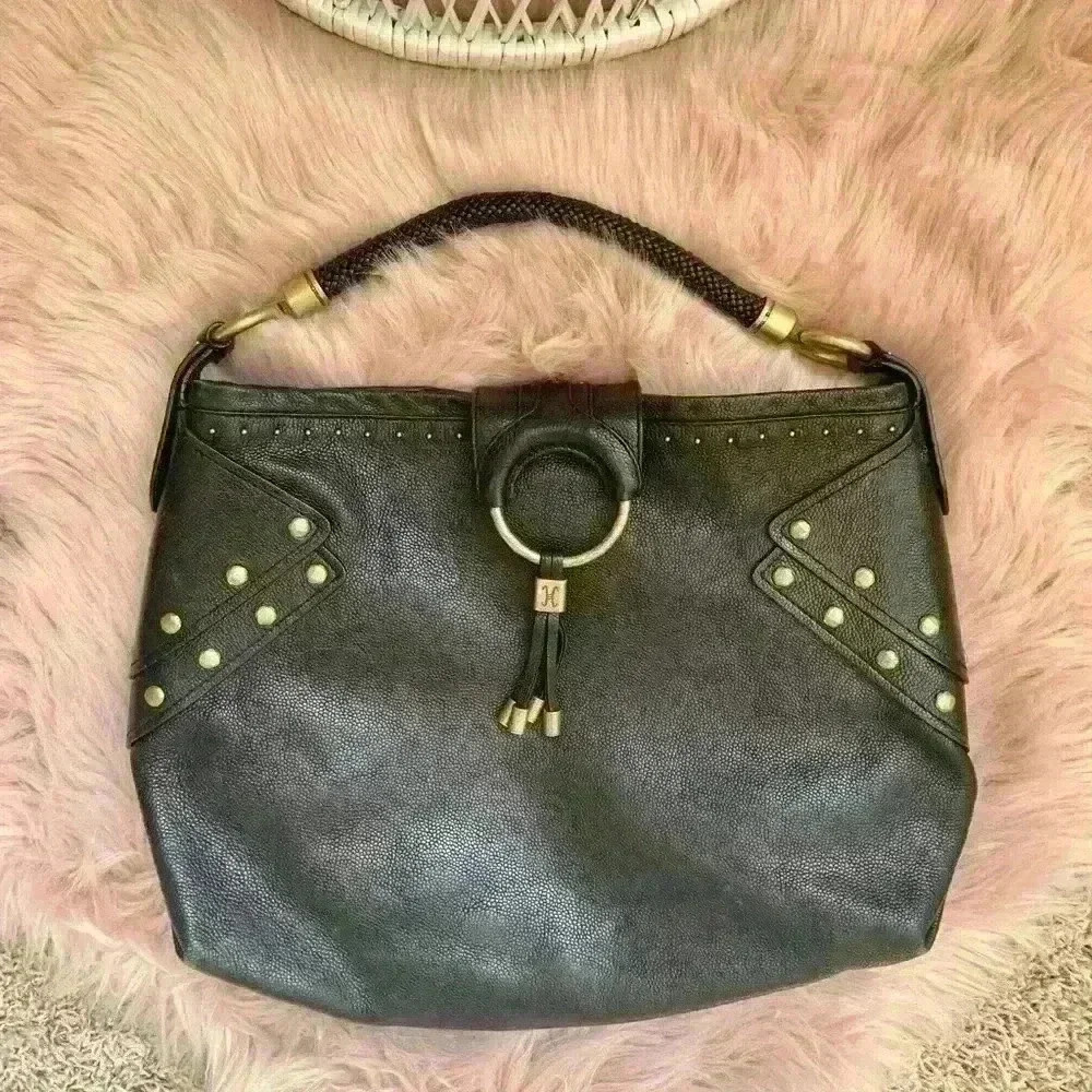 Cole Haan | Black leather gold studded bucket bag purse w/ braided handle